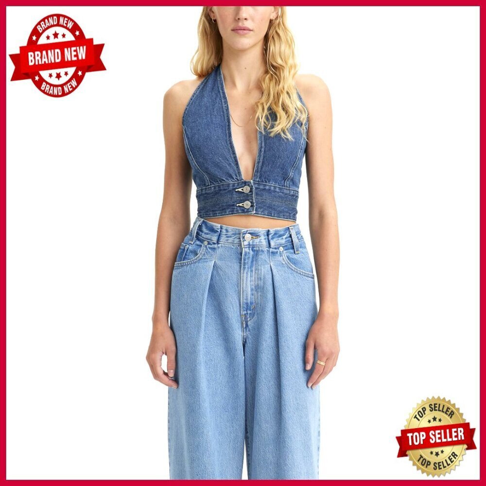 Denim Halter Top Crop Tee Button Closure Casual Wear